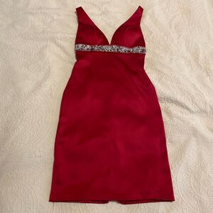 Faviana size XS Red Stretch Open Back Bedazzled Belted Y2K Cocktail Mini Dress